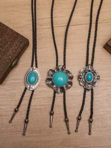 3pcs Western Style Fashionable Bolo Tie String Turquoise Long Pendant Necklace, Suitable For Daily Wear, Gifts, And Vacations