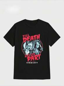 Camiseta para Hombres de la Novia de Película de Terror Camiseta Casual Digital Impresa de Puro Algodón Pesado - Negro - Ver 1