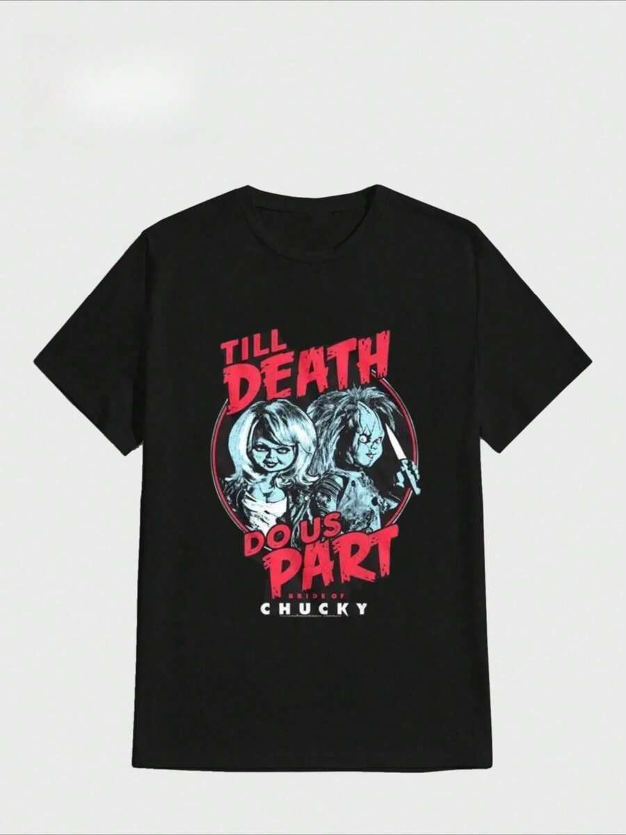 Camiseta para Hombres de la Novia de Película de Terror Camiseta Casual Digital Impresa de Puro Algodón Pesado - Negro - Ver 1