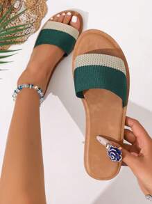 2025 Women's Summer Striped Slip-On Casual Open Toe Shoes With Faux Leather Sole And PU Flat Platform - Dark Green - View 8