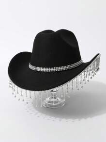 1pc Women's Solid Color Teardrop Rhinestone Tassel Western Cowboy Hat, Casual Travel, Party, Wedding, Celebration, Jazz Hat, Felt Hat, Gift, Dancing, Celebration