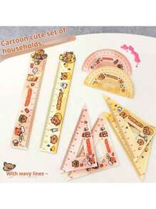 Set de 4 piezas: regla acrílica, regla de cartón, juego de herramientas de medición con dibujos animados para estudiantes, regla triangular, dispositivo de medición de ángulos, lindo, de regreso a la escuela