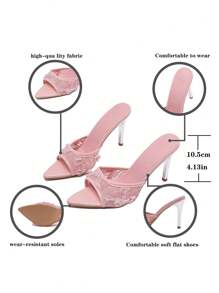 女士粉色花卉网眼高跟凉鞋时尚尖头高跟鞋时尚电镀透气一脚蹬高跟鞋