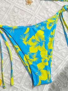 Swim Mod Floral Print Halter Neck Crop Tank Top And Side Tie Bikini Set, Summer Beach Vacation - 多色 4 - 查看 4