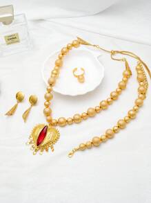 Round Beaded Red Zirconia Heart Necklace Women Jewelry Sets Handmade Middle East 24K Gold Bridal Earrings Ring Bracelet Birthday Gifts Handmade Bead - Green - View 3