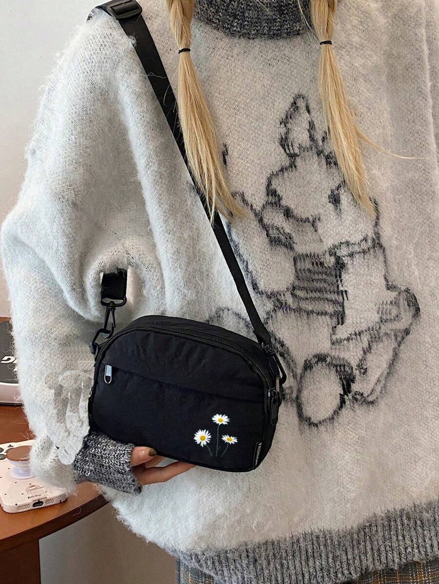 纯色尼龙面料简约百搭女士斜挎包，小巧紧凑型手机和零钱包，时尚雏菊印花精制简约百搭女士斜挎包 - 黑色 - 查看 1