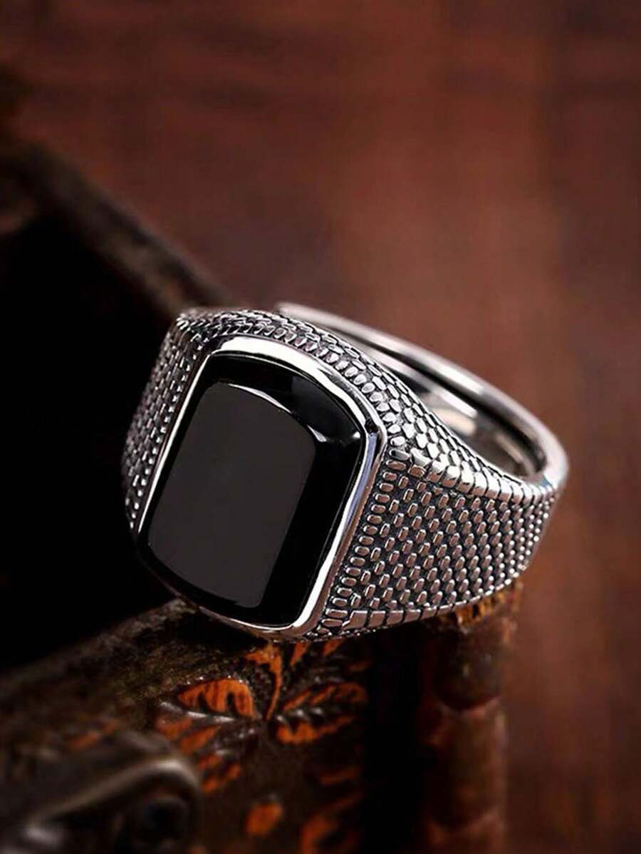1pc Vintage Faux Agate Ring, Men's Classic Wide Face Adjustable Personalized Single Ring, Gift - H323 - View 1