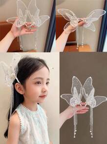2pcs/Set Teen Butterfly Wing Tassel Hair Clips, Girls Performance Hair Accessories - White - View 2