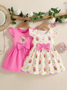 2pcs/Set Baby Girls' Cute Round Neck Sleeveless Bow Decor Cartoon Bee Print A-Line Dress, Suitable For Daily Outings, Spring/Summer - Hot Pink - View 1