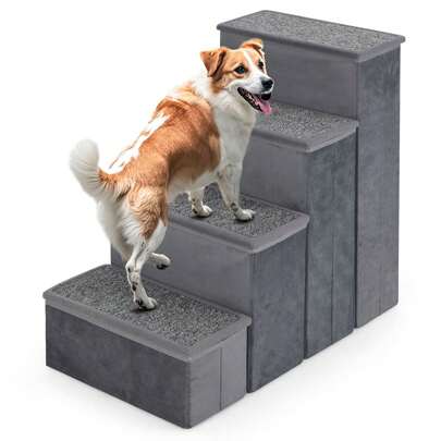 4-Step Dog Stairs Non-Slip Foldable Dog Ramp With Adjustable Steps-Grey