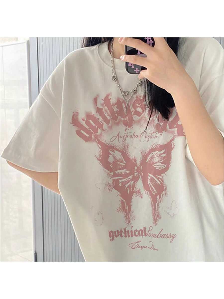 Unisex Gothical Pink Butterfly Aesthetich T-Shirt - Blanco - Ver 1
