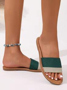 2025 Women's Summer Striped Slip-On Casual Open Toe Shoes With Faux Leather Sole And PU Flat Platform - Dark Green - View 4