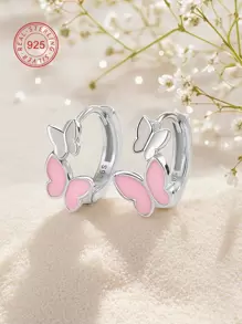 Artepollo 1pc 925 Sterling Silver Low Allergy Pink Butterfly Hoop Earrings, Cute & Delicate, Suitable For Daily Or Festival Wear, Gift For Girls, Friends, Back To School