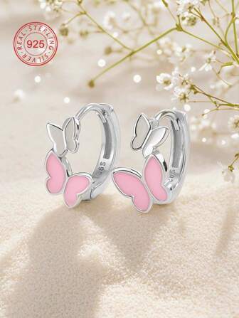 Artepollo 1 stuk 925 sterling zilveren roze vlinderoorbellen met lage allergie, schattig en delicaat, geschikt voor dagelijks gebruik of op festivals, cadeau voor meisjes, vrienden, terug naar school