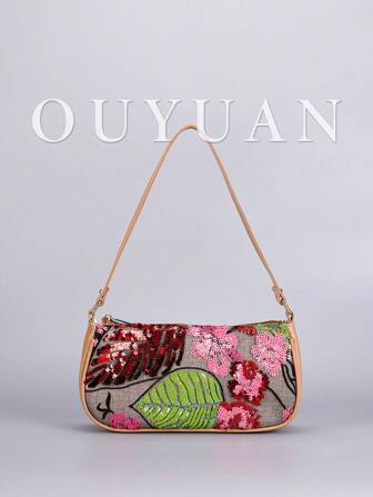 Bolso de mano tipo baguette con bordado de lentejuelas y flores, bolso de mujer de moda todo a juego con bordado de cuentas y cremallera de color contrastante, adecuado para fiesta, boda, baile de graduación, perfecto para fiesta, boda, cena/banquete, a juego con vestido de fiesta, vestido de noche y vestido de lentejuelas (patrón aleatorio)
