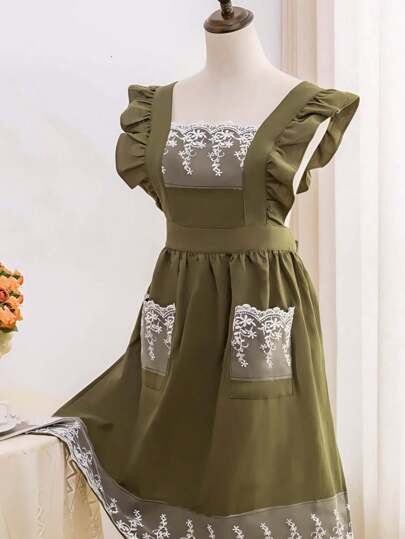 1pc Floral Textured Embroidered Apron, Modern Fabric Ruffle Design Home Apron, Apron For Home Floral Art, Full Body Apron For Women, Home Apron, Home Workwear, Flower Shop Uniform, Work Apron