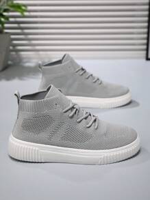 Men's High-Top Casual Sneakers With Breathable Knit Upper, Streetwear Style, Suitable For All Seasons