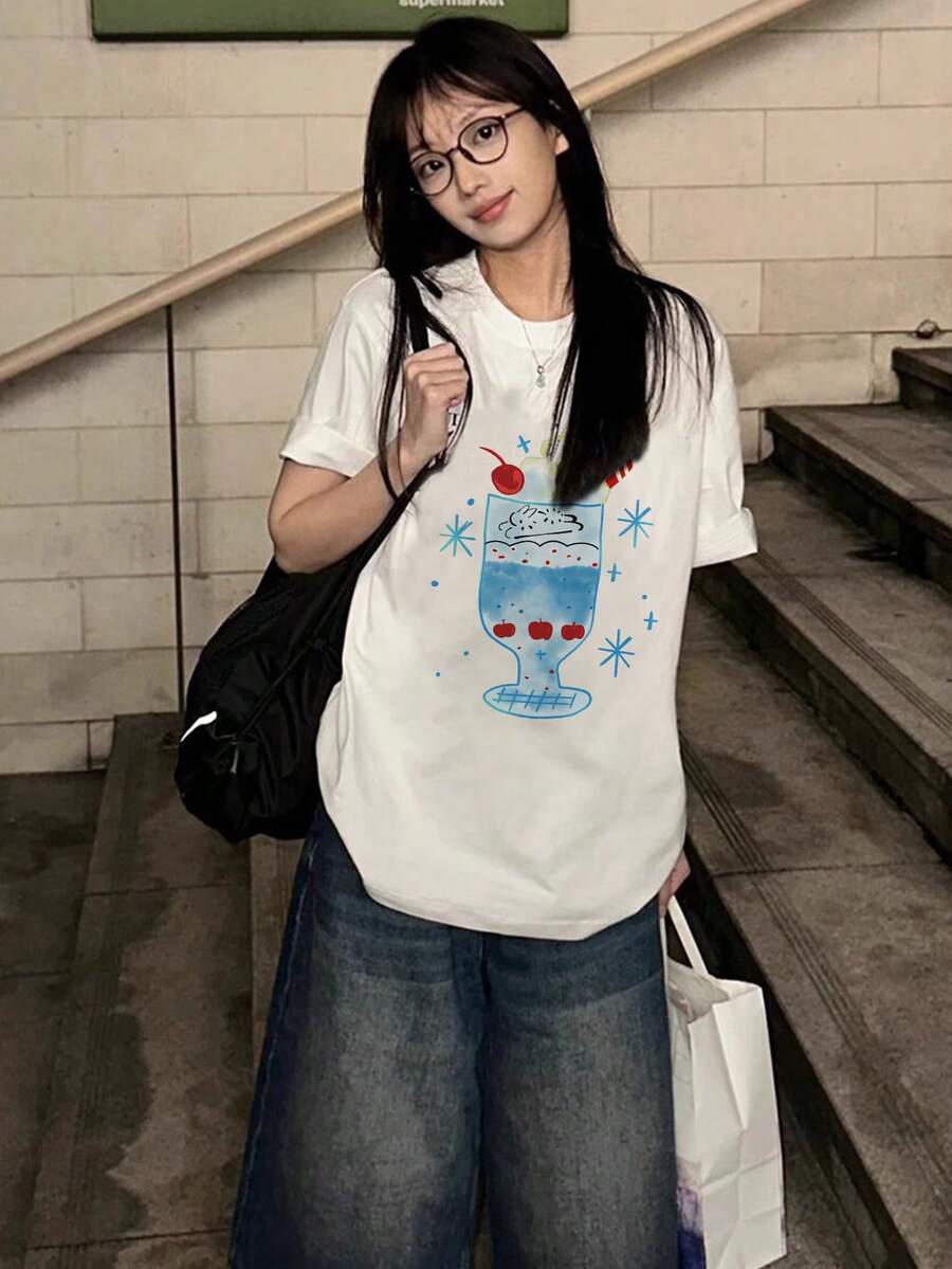 宽松卡通印花T恤，独特设计短袖休闲上衣，适合娇小女性，白色，夏季款 - 白色 - 查看 1