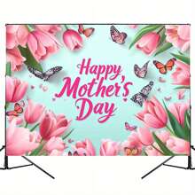 1pc Mother's Day 2D Party Background Wall Banner - Pink Tulip And Butterfly Design, Polyester Material, Perfect For Birthdays, Weddings, Christmas And Family Celebrations, Event Background | Flower Butterfly Design | Durable Polyester, Mother's Day Decoration