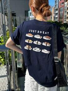 新款夏季日式寿司印花复古女式宽松简约短袖T恤 - 藏藍 - 查看 4