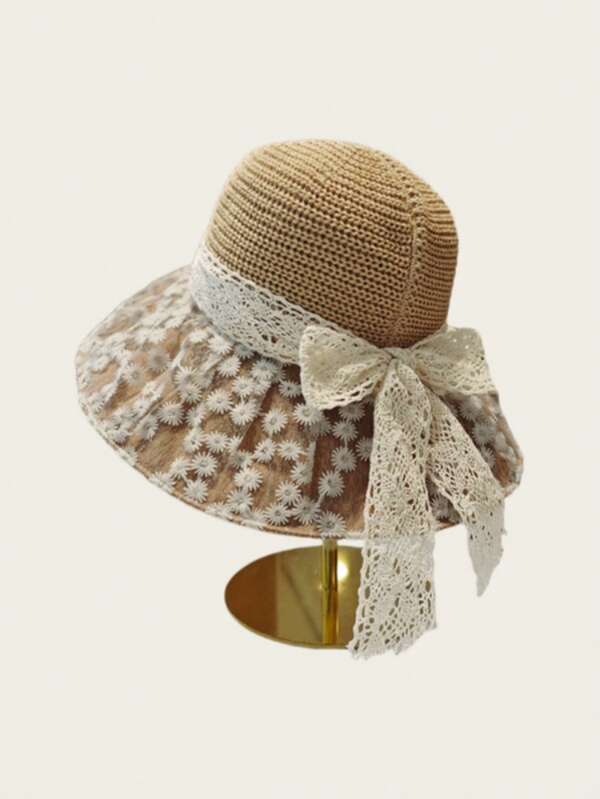 1 pieza Sombrero de sol para mujer para exteriores, sombrero de paja trenzado con lazada, transpirable con calado, estilo patchwork bohemio de poliéster con aplicaciones, protección UV, primavera/verano para la playa, vacaciones y viajes, plegable