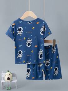 2 pièces/Ensemble Pyjamas d'astronaute à manches courtes et shorts pour enfants, ensemble de vêtements d'été à la maison en 100 % coton léger avec motif d'astronaute de bande dessinée pour garçons