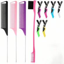 Juego de múltiples piezas - Set para el peinado de mujer, que incluye tres peines de cola de acero inoxidable puntiagudos, seis pasadores de cocodrilo de colores, un cepillo de doble cara y puede combinar libremente varios colores.
