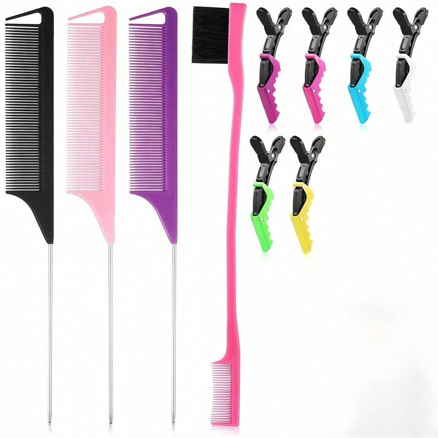Juego de múltiples piezas - Set para el peinado de mujer, que incluye tres peines de cola de acero inoxidable puntiagudos, seis pasadores de cocodrilo de colores, un cepillo de doble cara y puede combinar libremente varios colores.