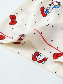 Set de 2 piezas de pijama con parte superior de manga corta con botones y bolsillo estampada con Hello Kitty de Sanrio, y shorts con lazo, adecuado para uso casual en casa, primavera/verano