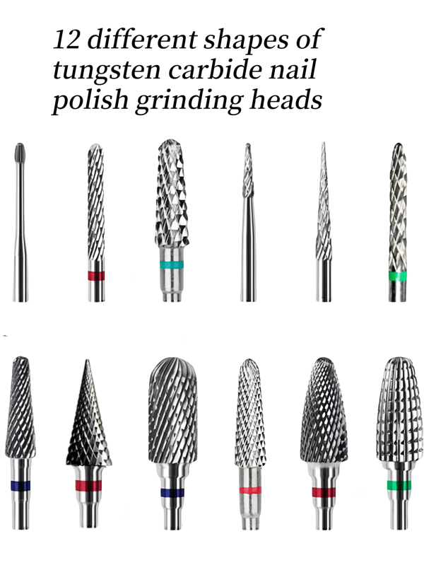 12 Brocas de unhas de formatos diferentes, brocas de carboneto para remoção de cutículas, para manicure e pedicure - Brocas de gel acrílico de tungstênio para uso profissional e em salão de beleza em casa