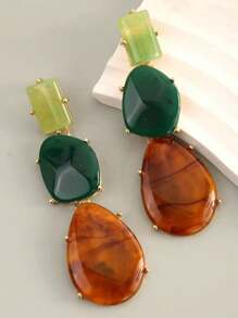 1 Pair Retro Geometric Multilayer Resin Drop Earrings, Vintage Chic Oversized Earrings, Fashionable & Versatile