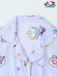 Set de 2 piezas autorizado por Sanrio con parte superior de manga corta de escote en V con bolsillo y pantalón corto con lazo, adecuado para usar en casa en primavera/verano