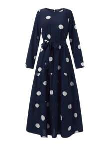 Women Modest Dress Elegant Casual Loose Abaya Long Sleeved Polka Dots Printed O-Neck Maxi Robe