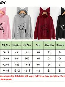 Women Plus Size Long Sleeve Hoodies Sweatshirt Cute Cat Print And Ear  Pocket Drawstring Pullover - Pink - View 3