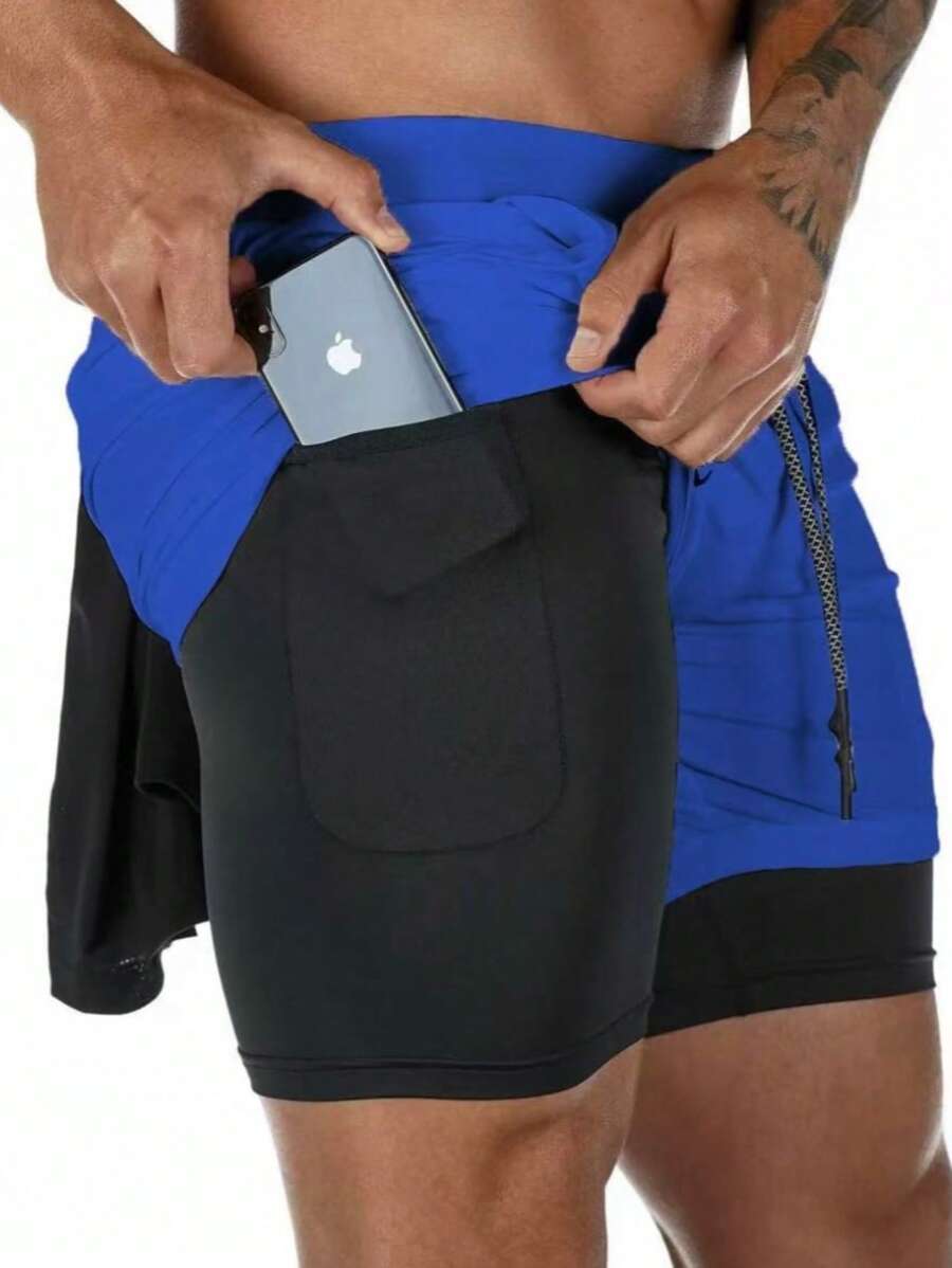 2 In 1 Men's Gym Shorts Double-Breasted Shorts For Training - Xanh đậm - Xem 1