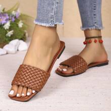Women Minimalist Casual Woven Open Toe Slide Sandals, Beach Slippers - Brown - View 7