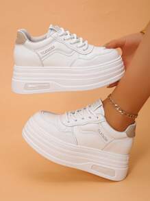 1 双女士舒适新款厚底厚底运动鞋，皮革鞋面圆头系带白色厚底运动鞋，轻便防滑黑色休闲鞋 - 杏色 - 查看 2