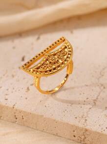 Herseygold 1pc Gold-Plated Copper Adjustable Size Ring With Floral & Crescent Moon Design, Fashion Jewelry For Women, Wedding & Festival