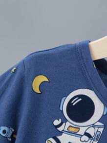2 pièces/Ensemble Pyjamas d'astronaute à manches courtes et shorts pour enfants, ensemble de vêtements d'été à la maison en 100 % coton léger avec motif d'astronaute de bande dessinée pour garçons