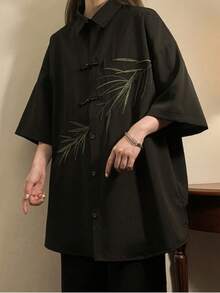 Women's Loose Floral Print Drop Shoulder Buttoned Blouse - Black - View 6