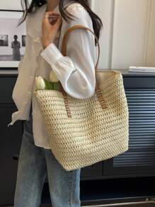 Summer Large Capacity Straw Bag For Women, New Stylish Commuter Shoulder Bag, Beach Tote Woven Bag
