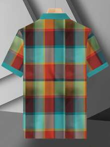 1pc Plus Size Men's Summer Plaid Splice Polo Shirt, Casual Fashion Short Sleeve Tee, Breathable With Collar, Gift Choice