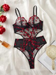 Neuer Frühlings-/Sommer-Damen Sexy Wäsche Set, florales Stickerei Transparenz Jumpsuit mit Taille Ausschnitt, verstellbarer Träger Body, Unterbügel BH, Intim Flitterwochen Nachtwäsche für Paar, Valentinstag - Schwarz - Übersicht 4