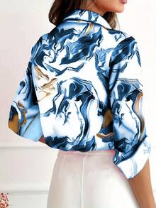 Women's Elegant Geometric Print Casual Blouse - Polyester & Spandex Blend, Button Front With Collar, Machine Washable Spring - Blue Flowers - View 2