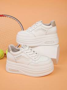 1 双女士舒适新款厚底厚底运动鞋，皮革鞋面圆头系带白色厚底运动鞋，轻便防滑黑色休闲鞋 - 杏色 - 查看 8