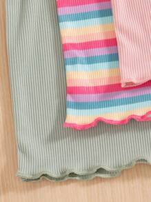 3pcs Young Girl Casual Ribbed Short Sleeve Floral Top + Colorful Stripe Short Sleeve Set - Green - View 11