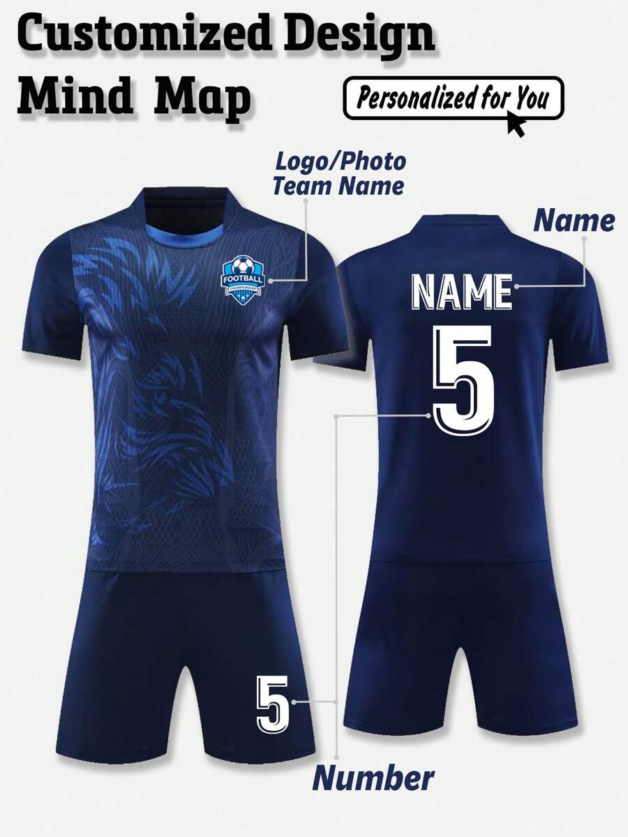 2 piezas Camiseta de fútbol personalizada para niños preadolescentes - Nombre del equipo personalizado, número y estampado de logotipo Camiseta de manga corta + Pantalones cortos Conjunto deportivo y uso casual Primavera/Verano