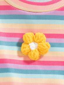 3pcs Young Girl Casual Ribbed Short Sleeve Floral Top + Colorful Stripe Short Sleeve Set - Green - View 6