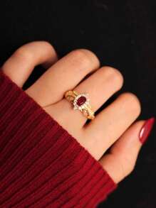 1 pieza Anillo de plata de ley S925 con granate rojo micro-incrustado, elegante, regalo de lujo para mujeres en bodas