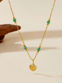 1pc 18K Gold Plated Stainless Steel Anklet With Seashells And Emerald Beads, Hypoallergenic Beach Vacation Jewelry For Women, Suitable For Women To Wear In Daily Life Or On Vacation, Or As A Gift For Valentine's Day Valentines,Mom,Mother,Mother's Day,Gift.